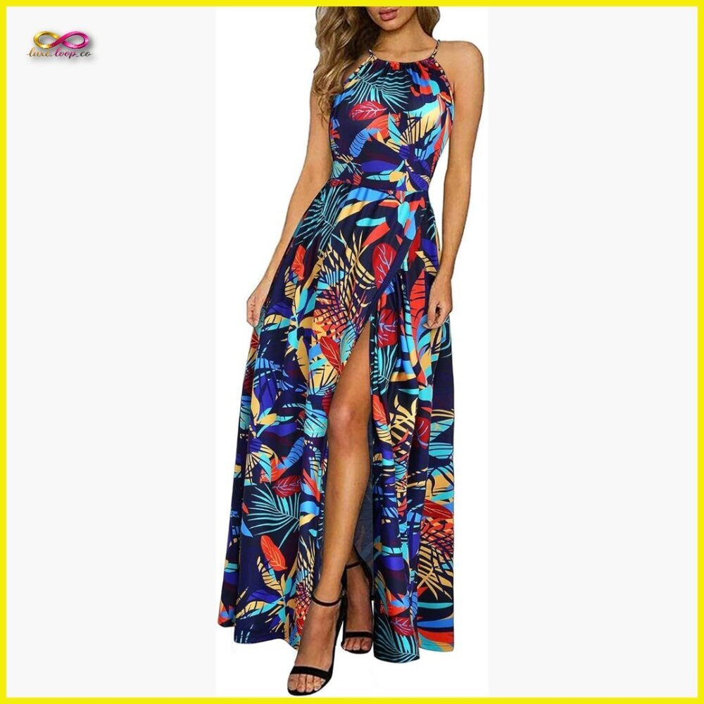 Floral Maxi Dress Boho Beach Vacation Summer Flowy Split Halter Backless - Picture 1 of 7
